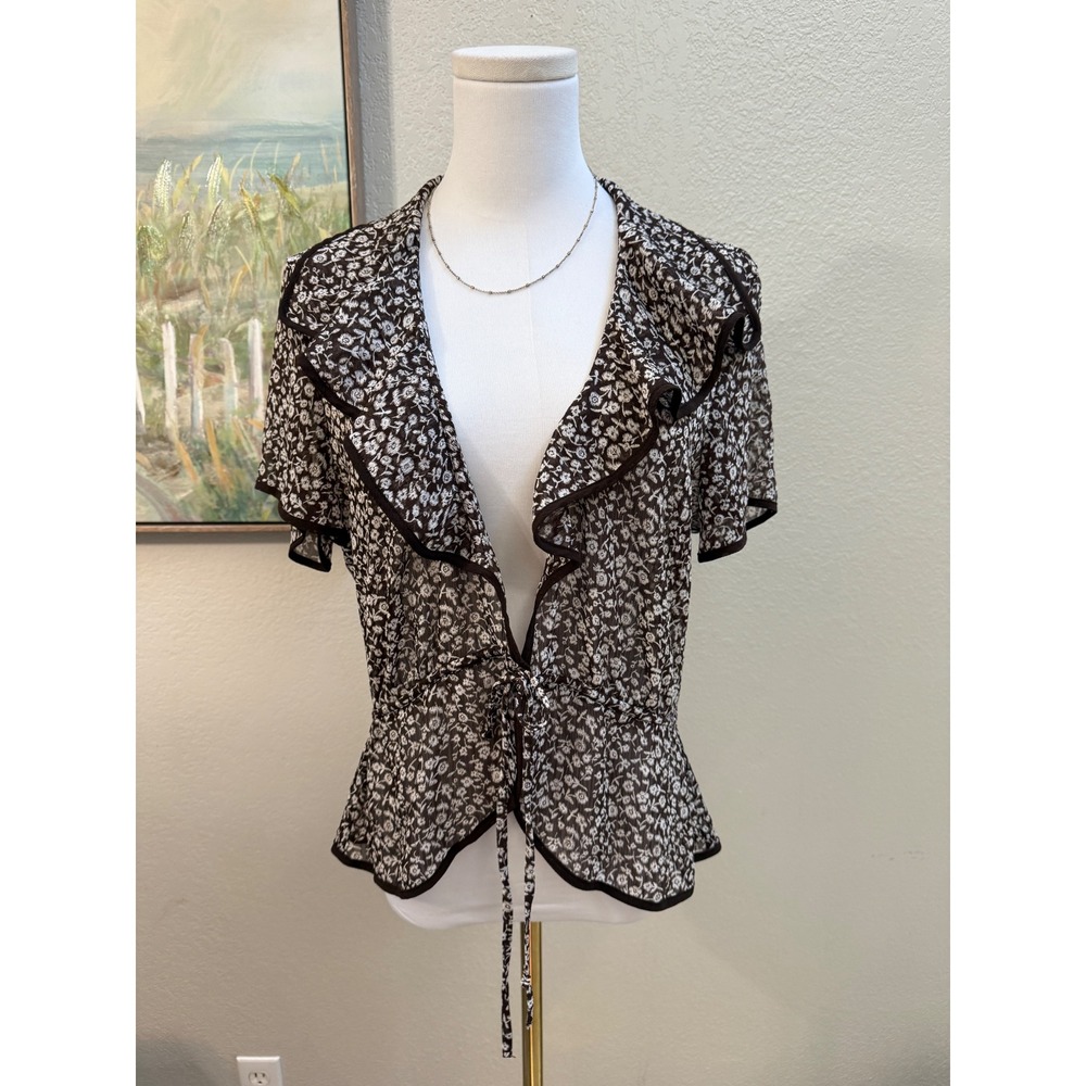 Brown Floral Sheer Ruffle Tie Front Blouse Top Size 14